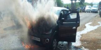 The sudden fire in the car running on the road